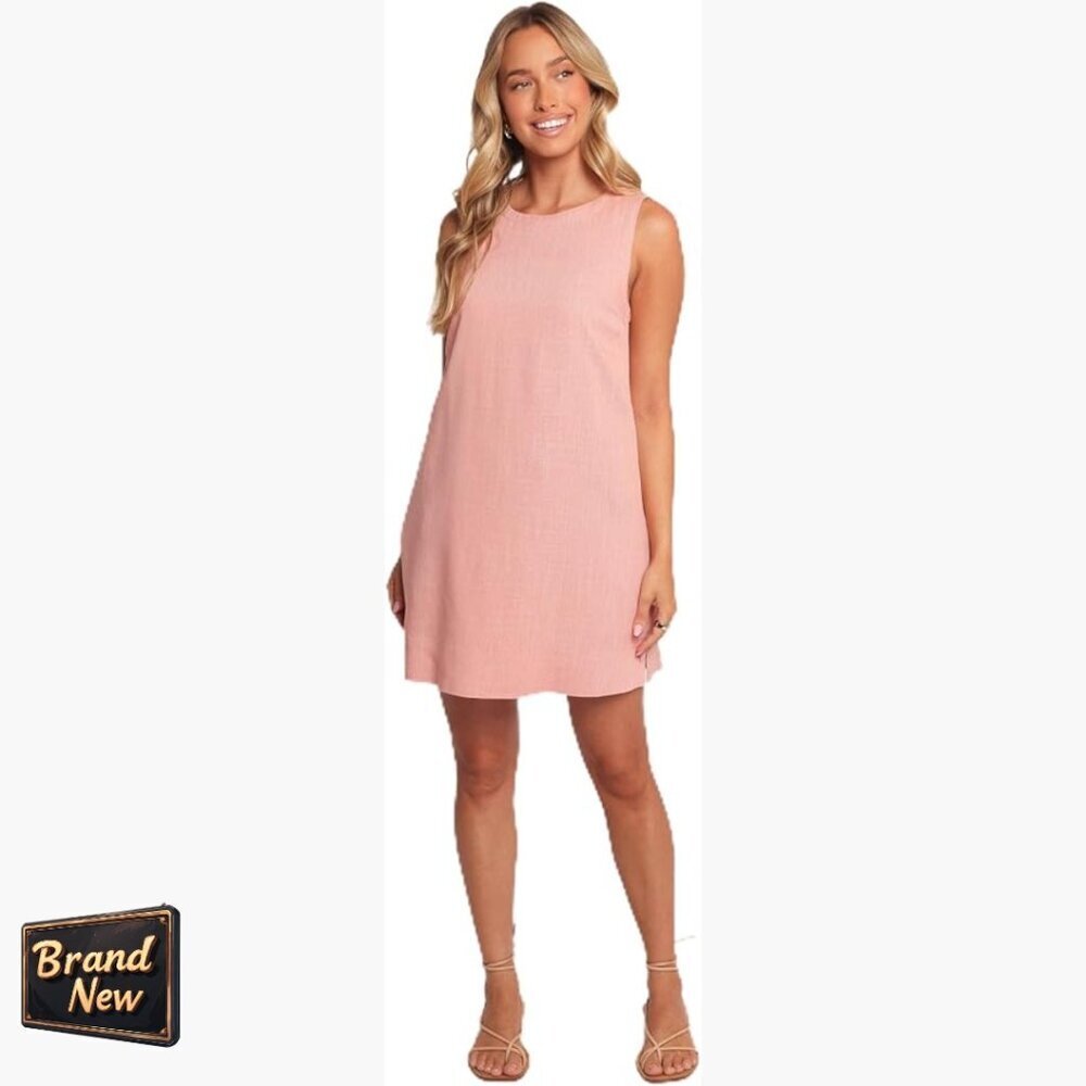 Linen Blend Mini Dress Sleeveless Round Neck A-Line Regular Fit